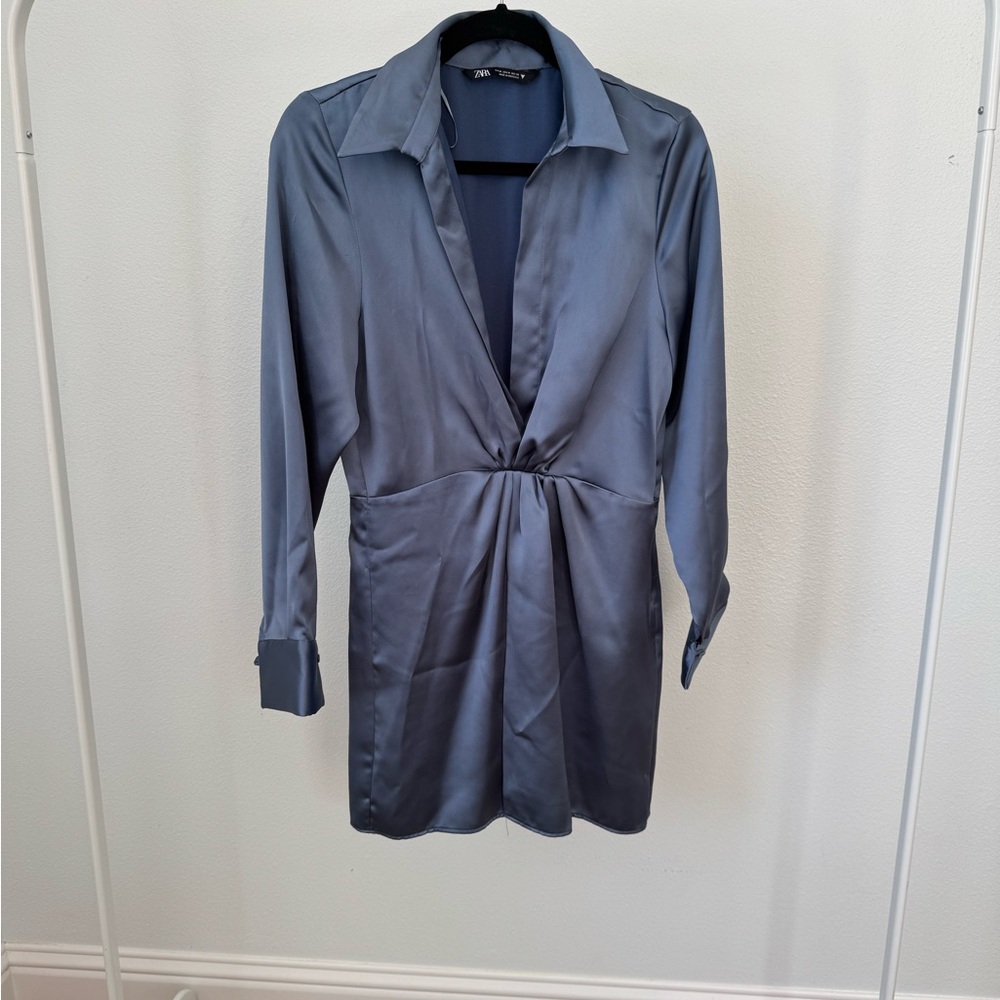 Zara Women's Slate Blue Satin Twist-Front Long Sleeve Dress